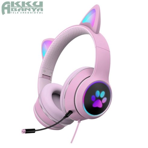 AKZ-022 vezetékes, macskafüles fejhallgató, pink