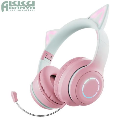 Macskafüles, mikorfonos fejhallható BT029C Bluetooth 5.1, pink